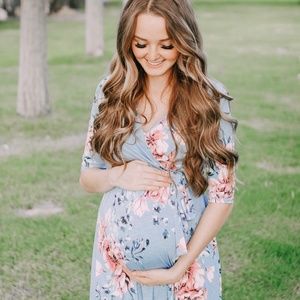 Blue Floral Sash Tie Maternity Wrap Maxi Dress